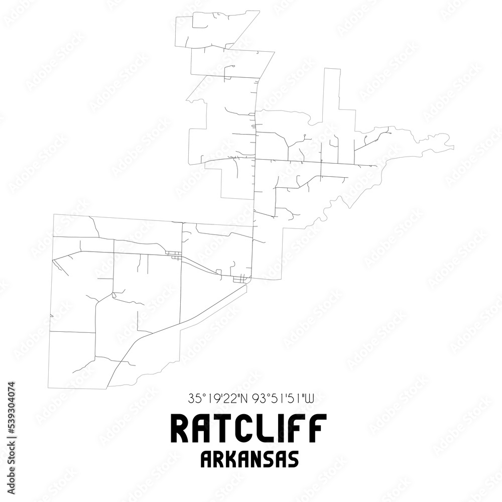 Ratcliff Arkansas. US street map with black and white lines.