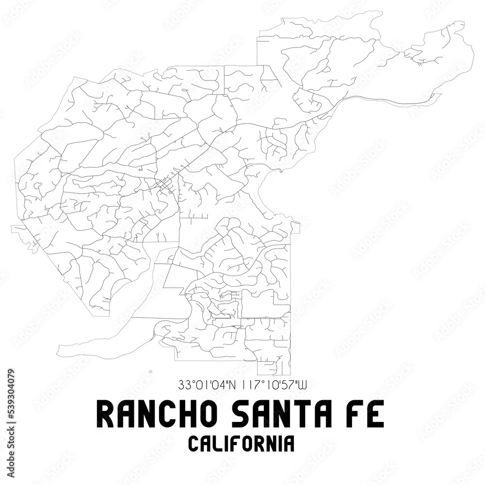 Rancho Santa Fe California. US street map with black and white lines.