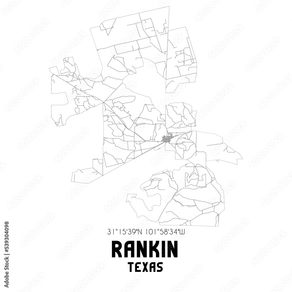 Rankin Texas. US street map with black and white lines.