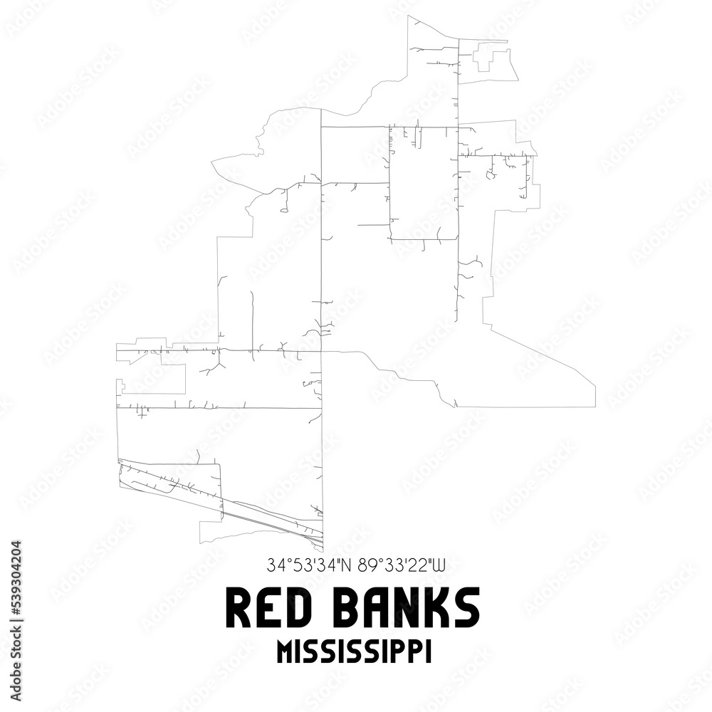 Red Banks Mississippi. US street map with black and white lines.