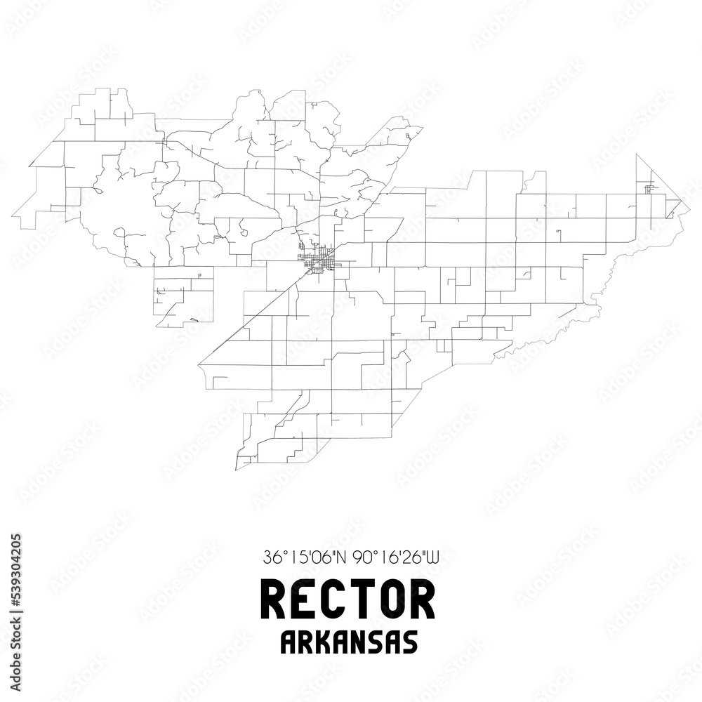 Rector Arkansas. US street map with black and white lines.