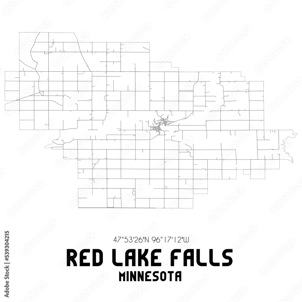 Red Lake Falls Minnesota. US street map with black and white lines.