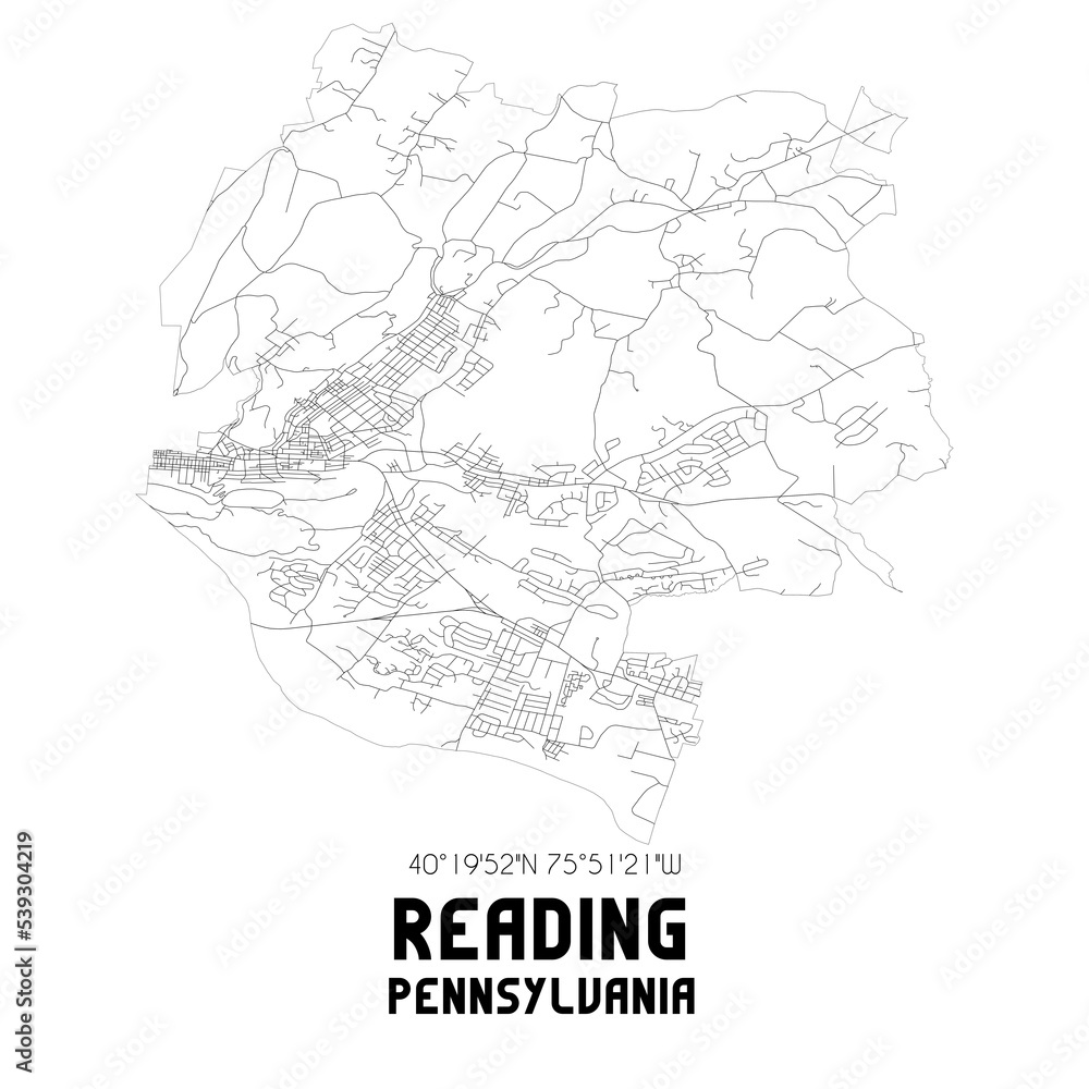 Reading Pennsylvania. US street map with black and white lines.