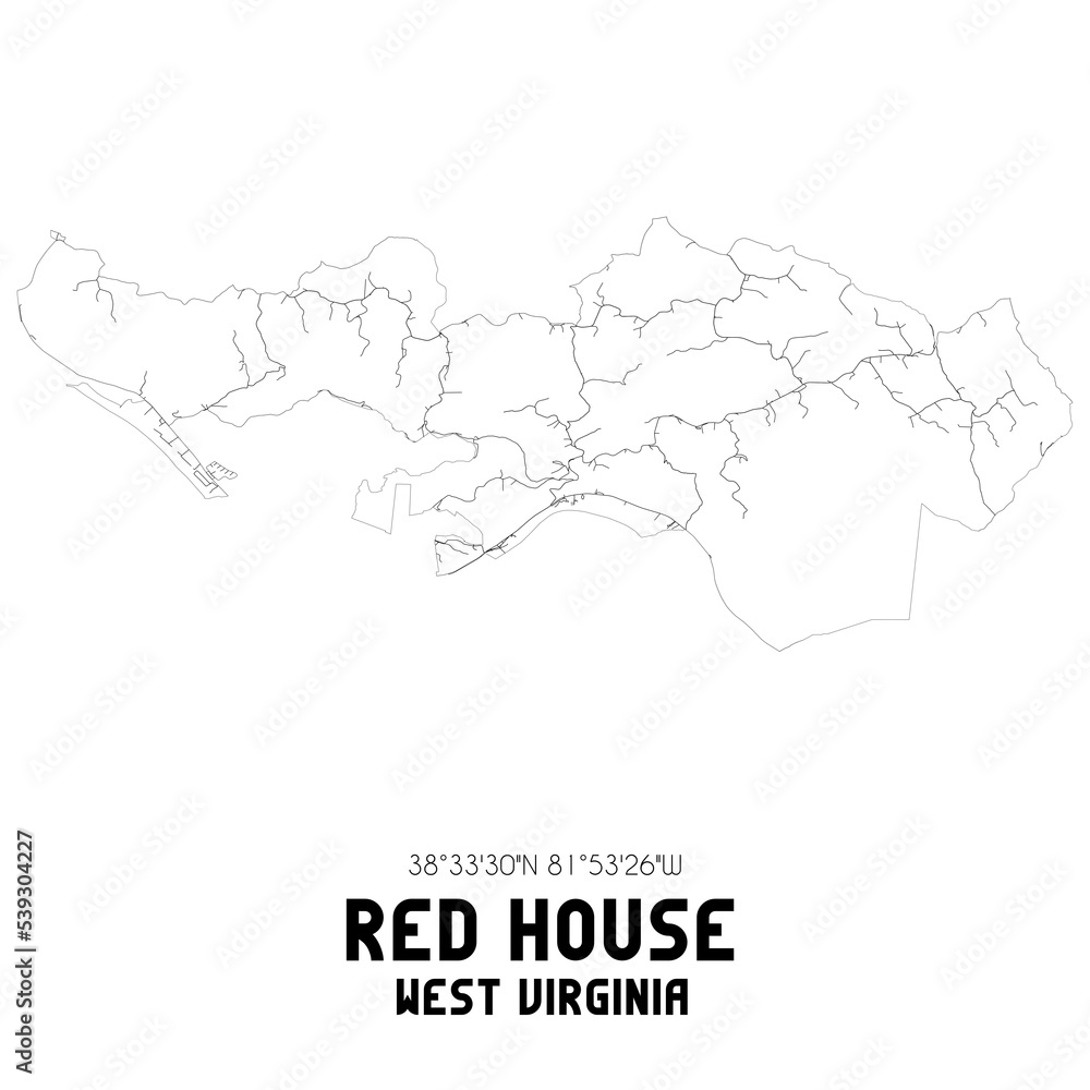Red House West Virginia. US street map with black and white lines.