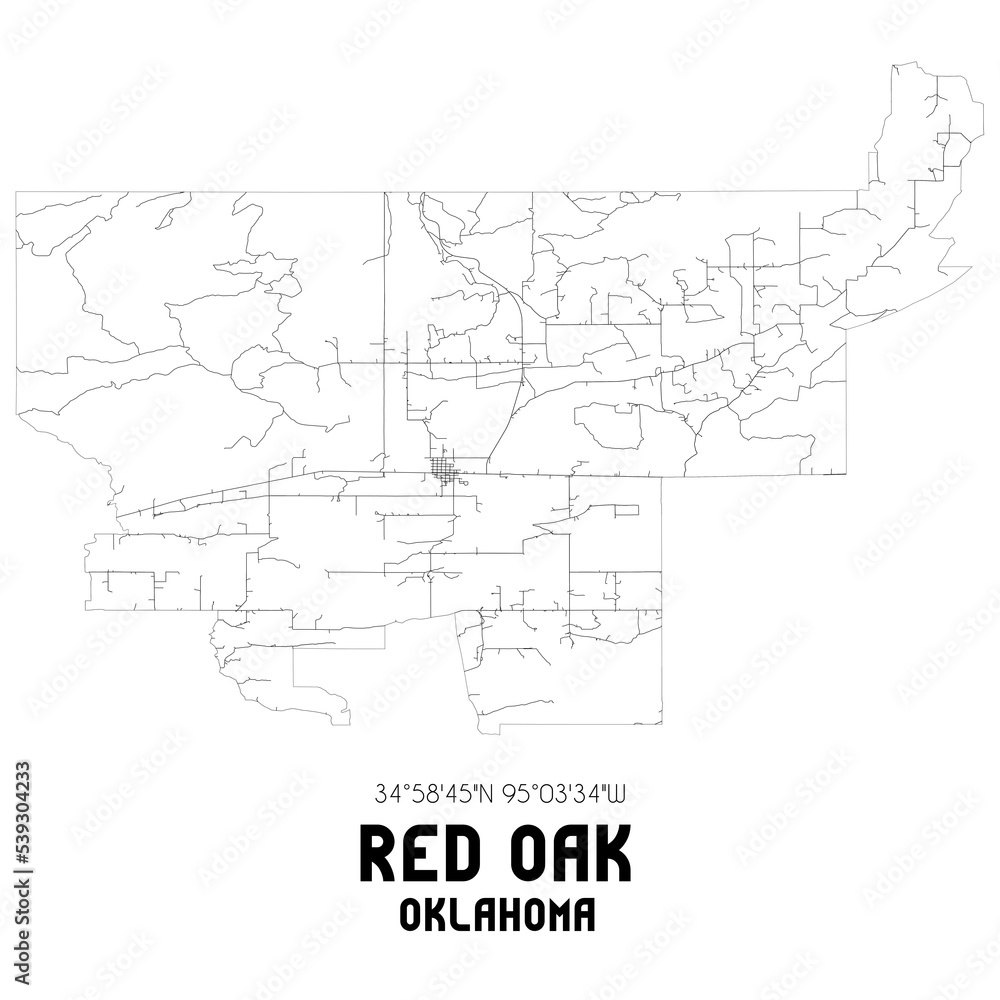 Red Oak Oklahoma. US street map with black and white lines.
