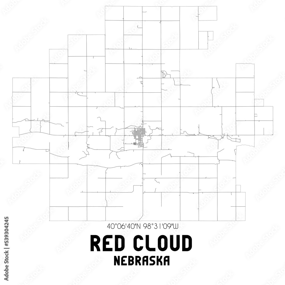 Red Cloud Nebraska. US street map with black and white lines.