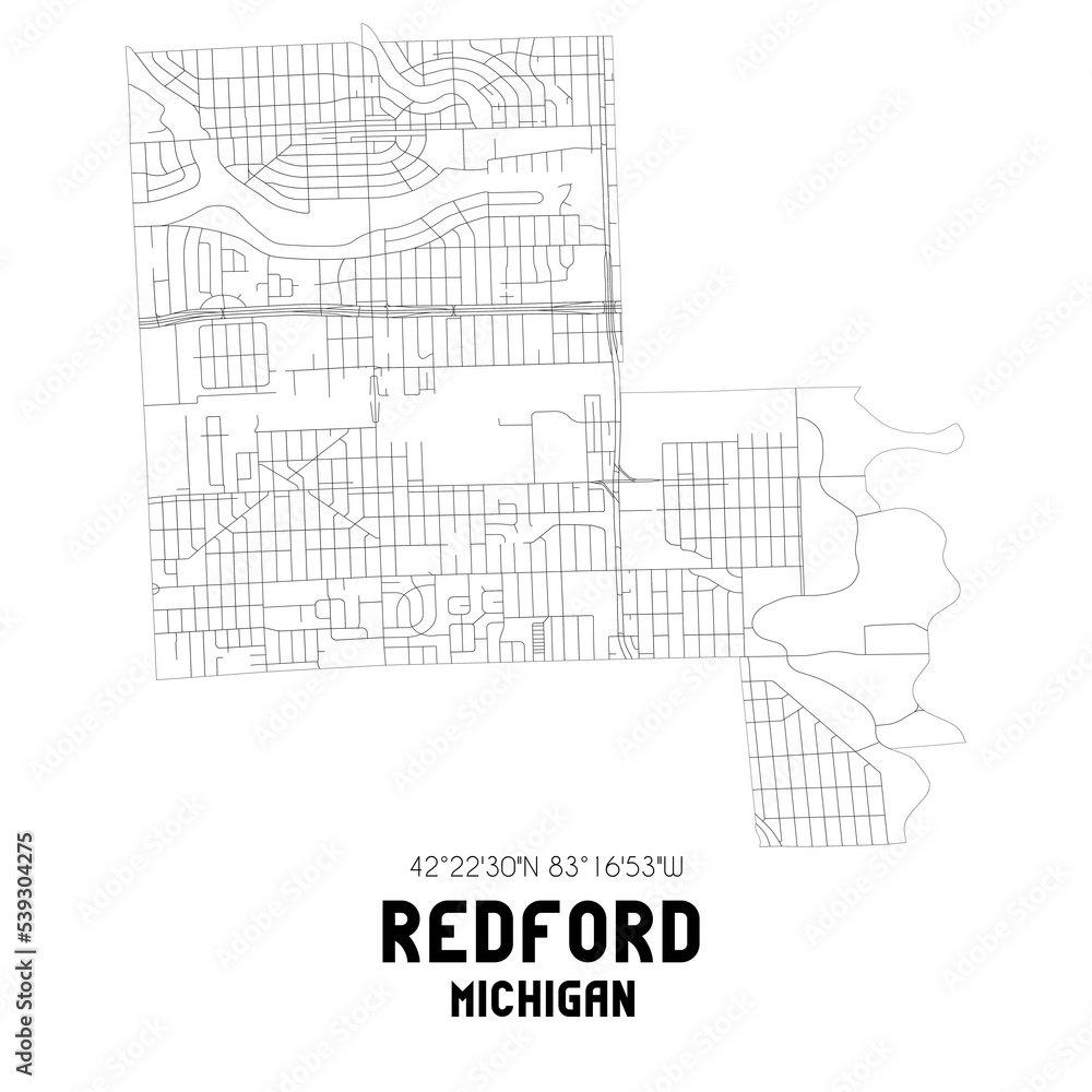 Redford Michigan. US street map with black and white lines.