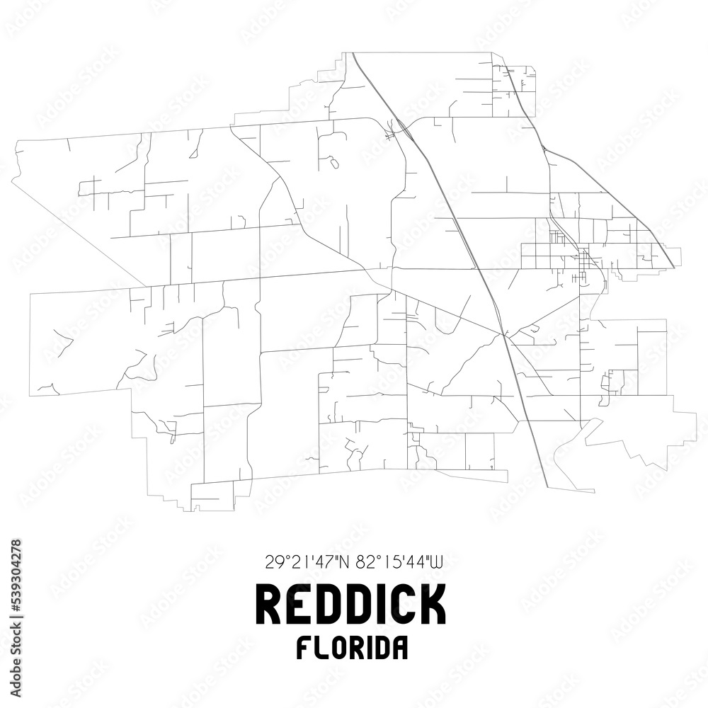 Reddick Florida. US street map with black and white lines.