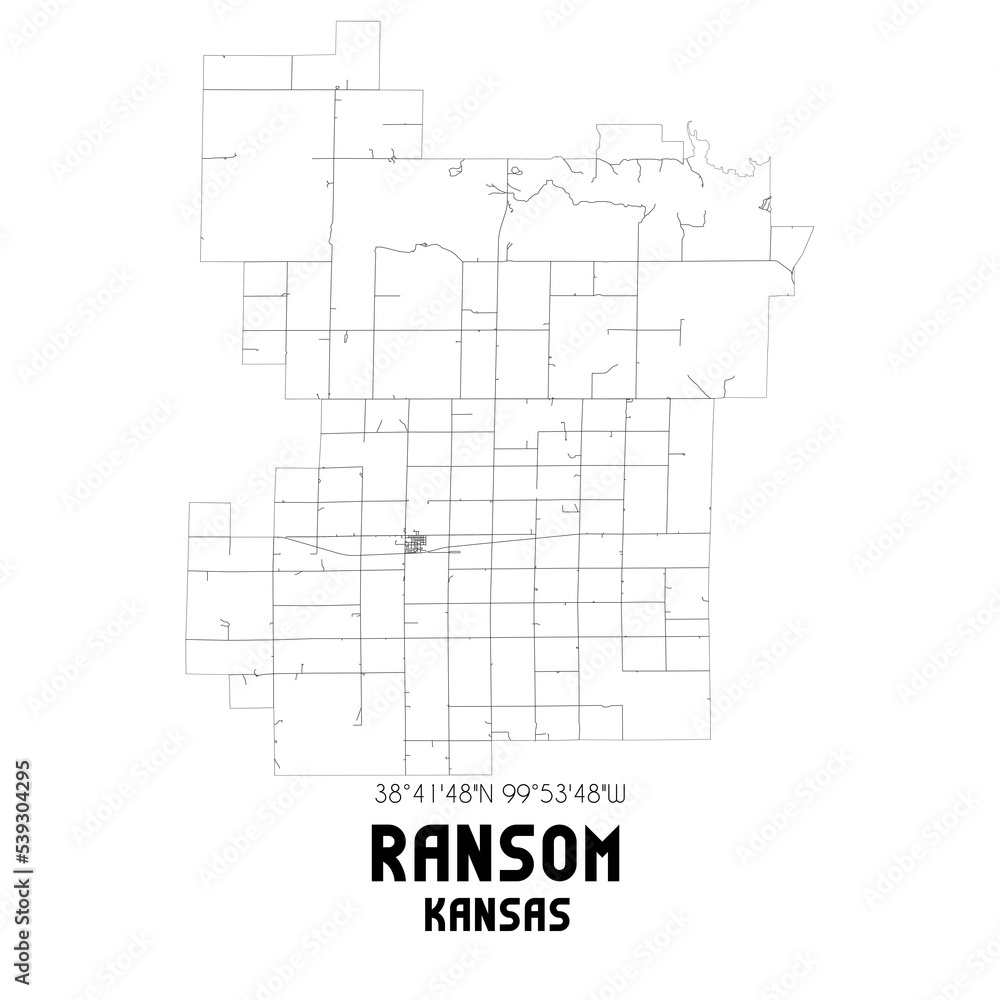 Ransom Kansas. US street map with black and white lines.