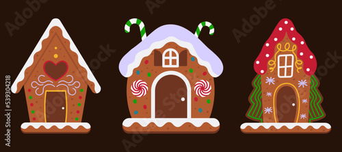 Collection Of Colorful Gingerbread Houses For Christmas Decoration Vector Illustration In Flat Style