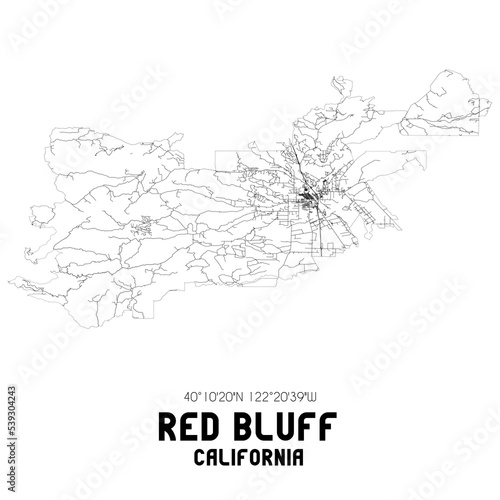 Red Bluff California. US street map with black and white lines.
