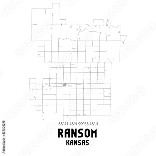 Ransom Kansas. US street map with black and white lines.