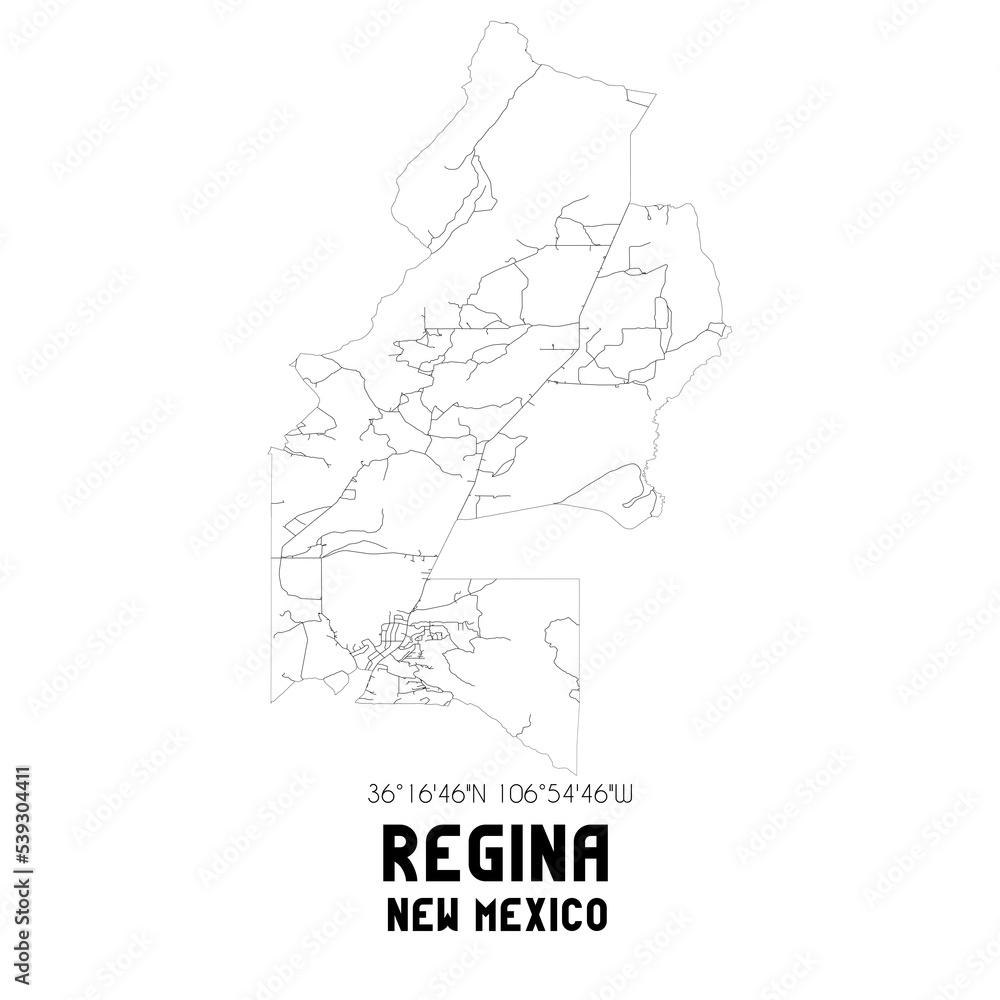 Regina New Mexico. US street map with black and white lines.