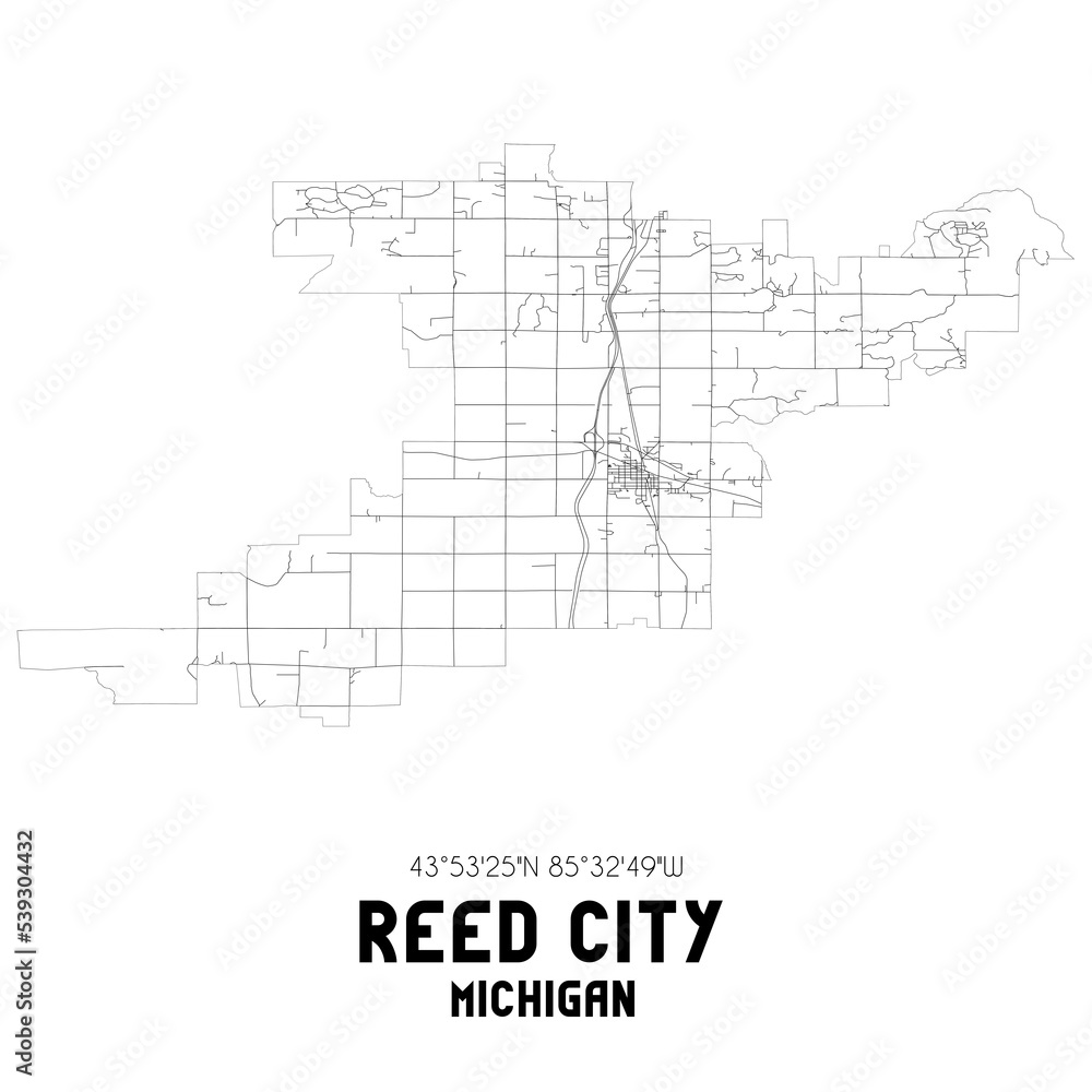 Reed City Michigan. US street map with black and white lines.