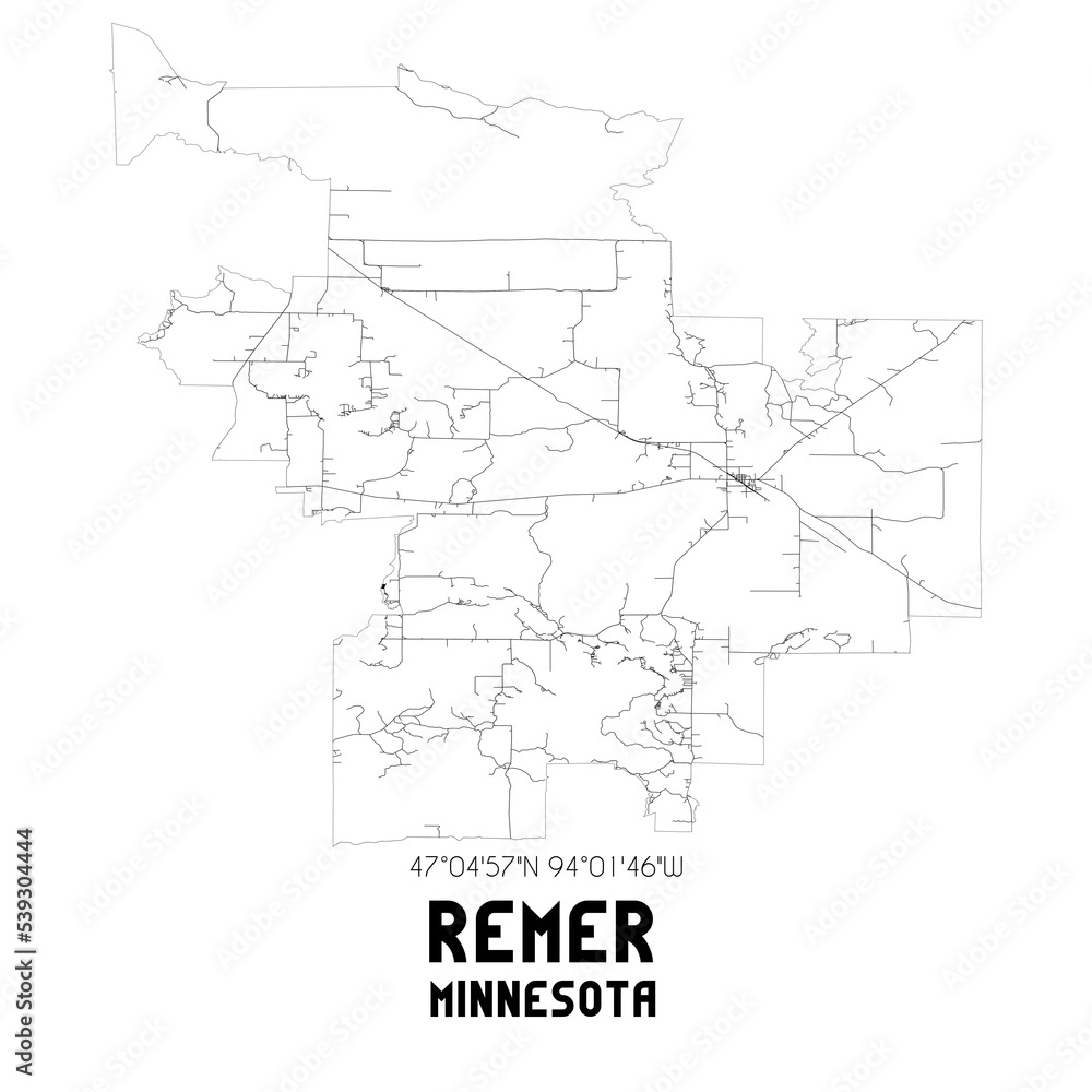 Remer Minnesota. US street map with black and white lines.