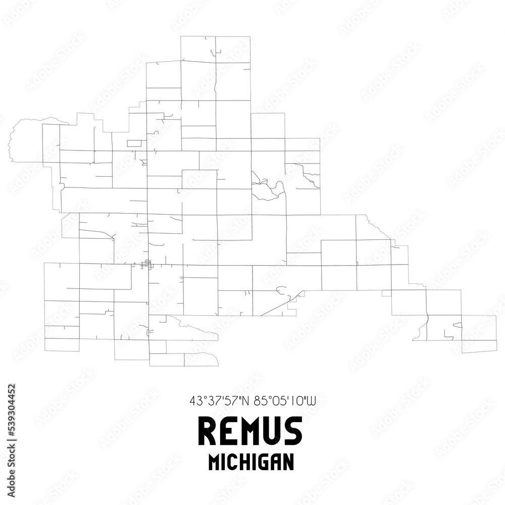Remus Michigan. US street map with black and white lines.