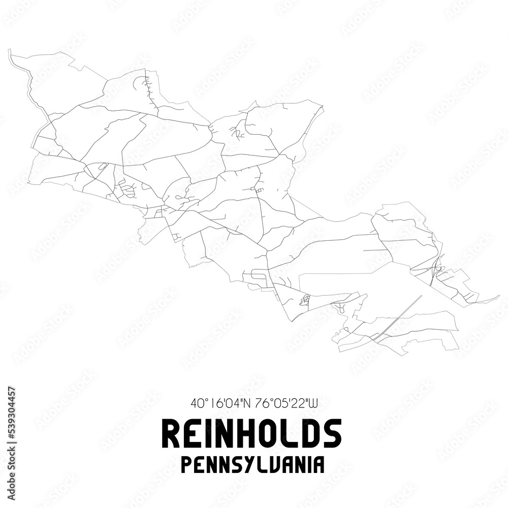 Reinholds Pennsylvania. US street map with black and white lines.