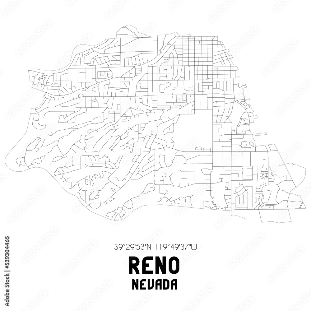 Reno Nevada. US street map with black and white lines.