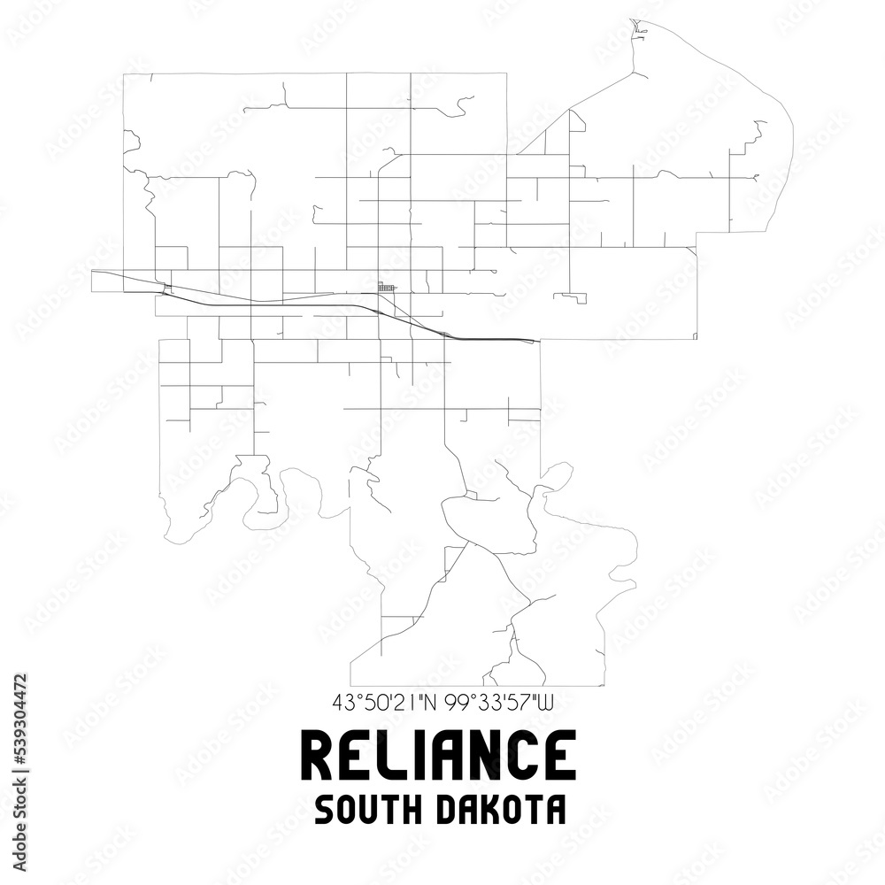 Reliance South Dakota. US street map with black and white lines.