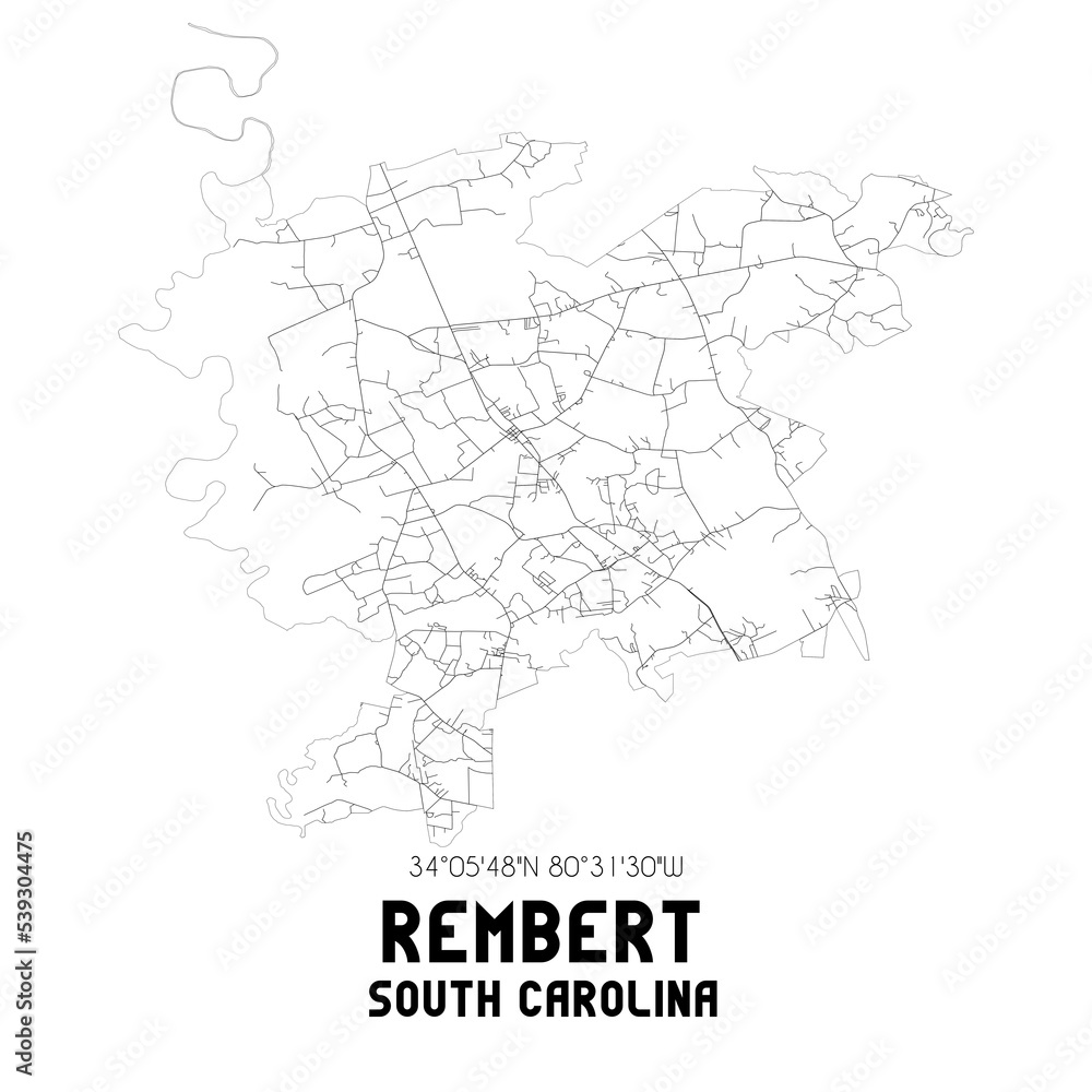 Rembert South Carolina. US street map with black and white lines.