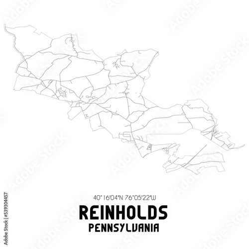 Reinholds Pennsylvania. US street map with black and white lines.