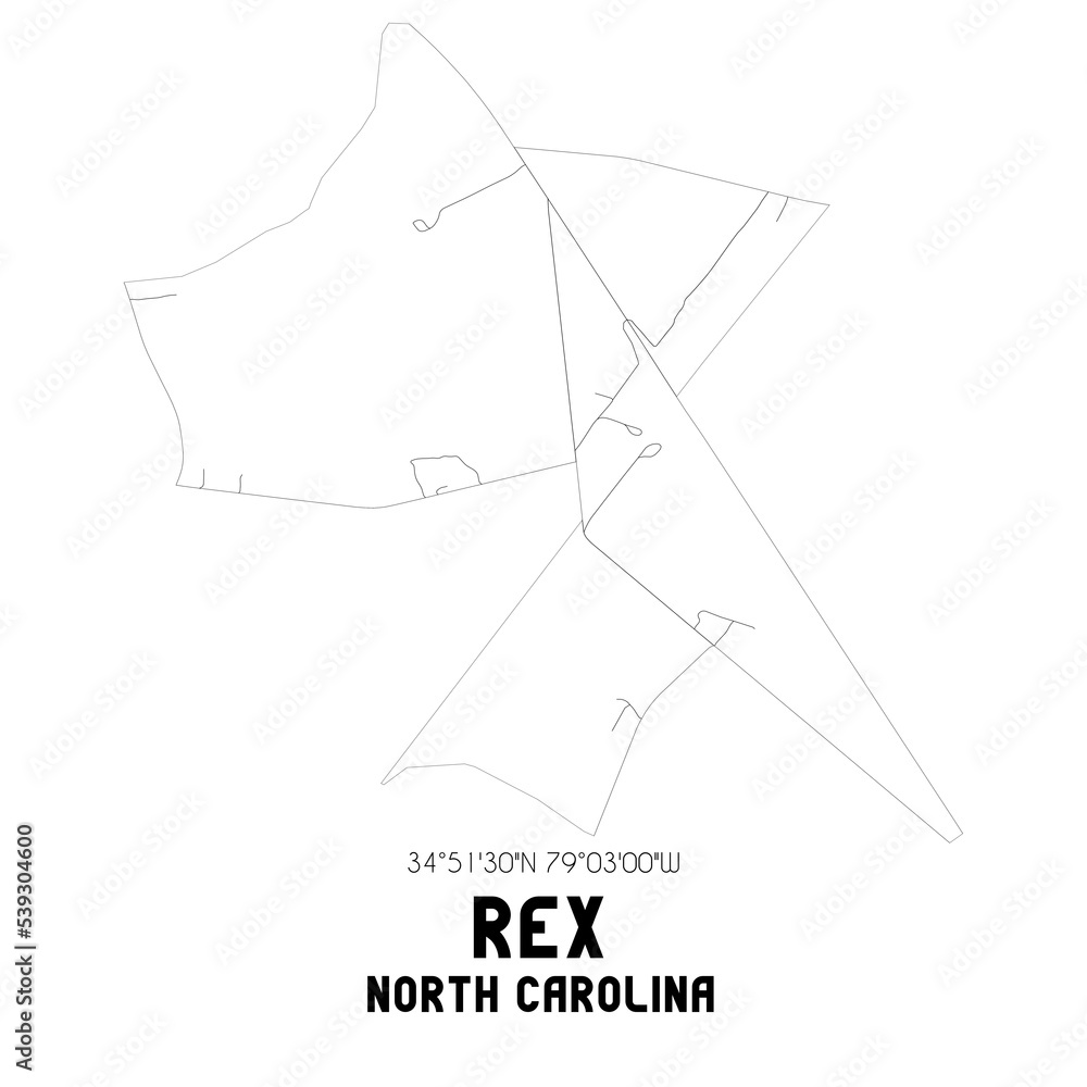 Rex North Carolina. US street map with black and white lines.