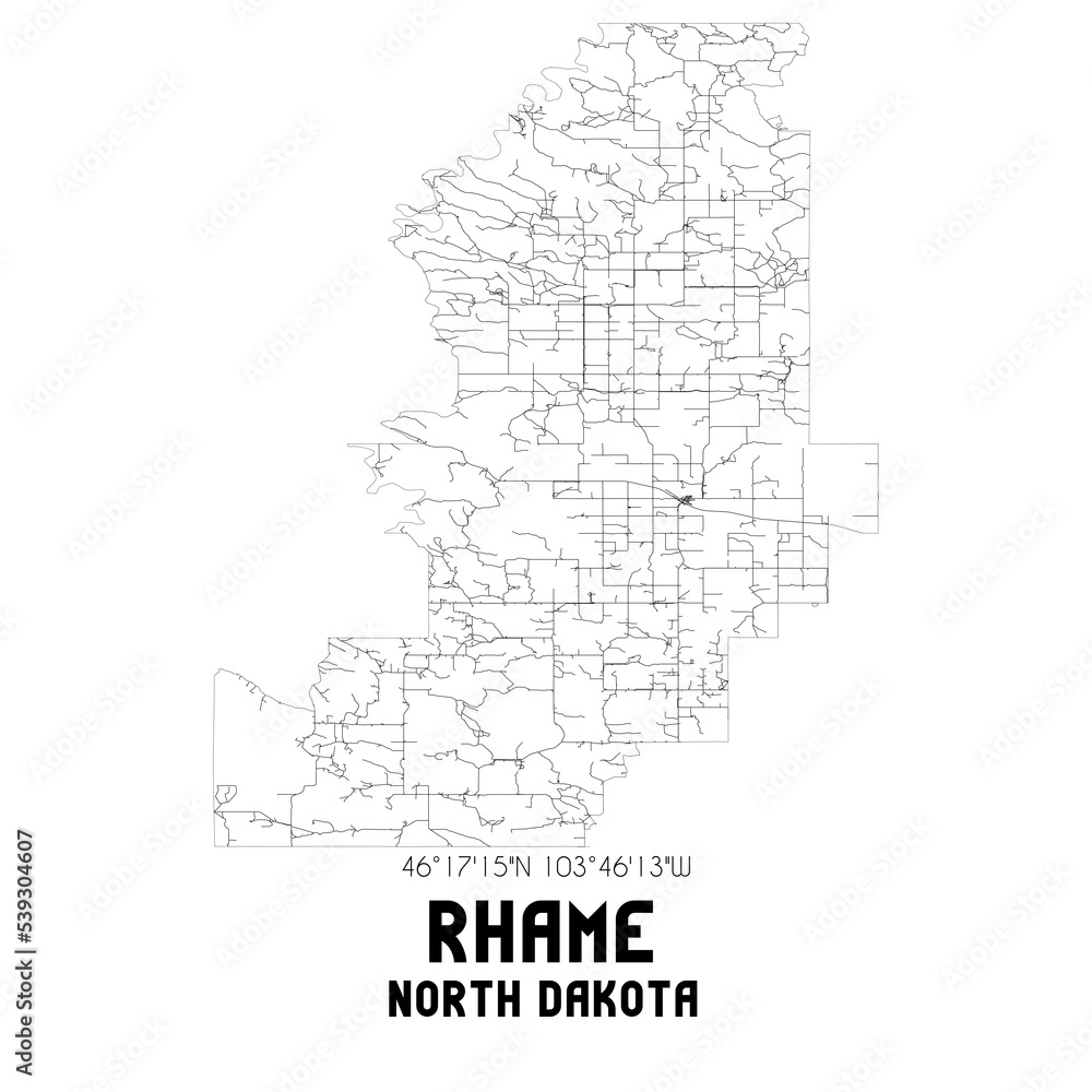 Rhame North Dakota. US street map with black and white lines.