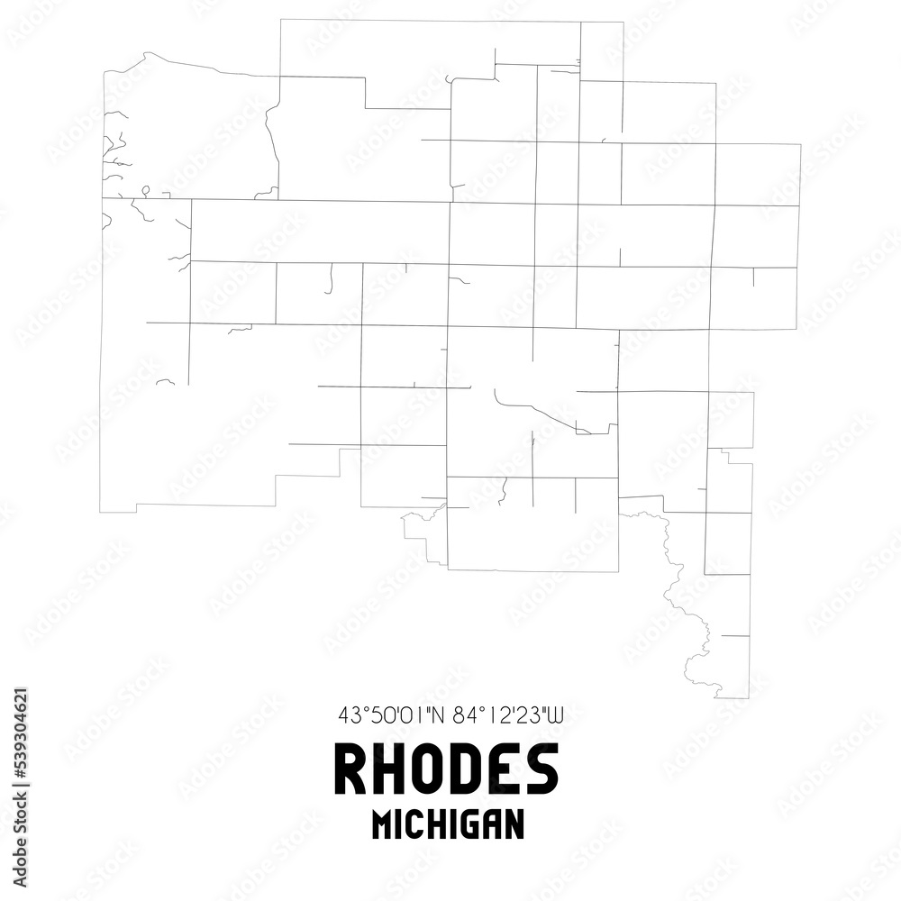 Rhodes Michigan. US street map with black and white lines.