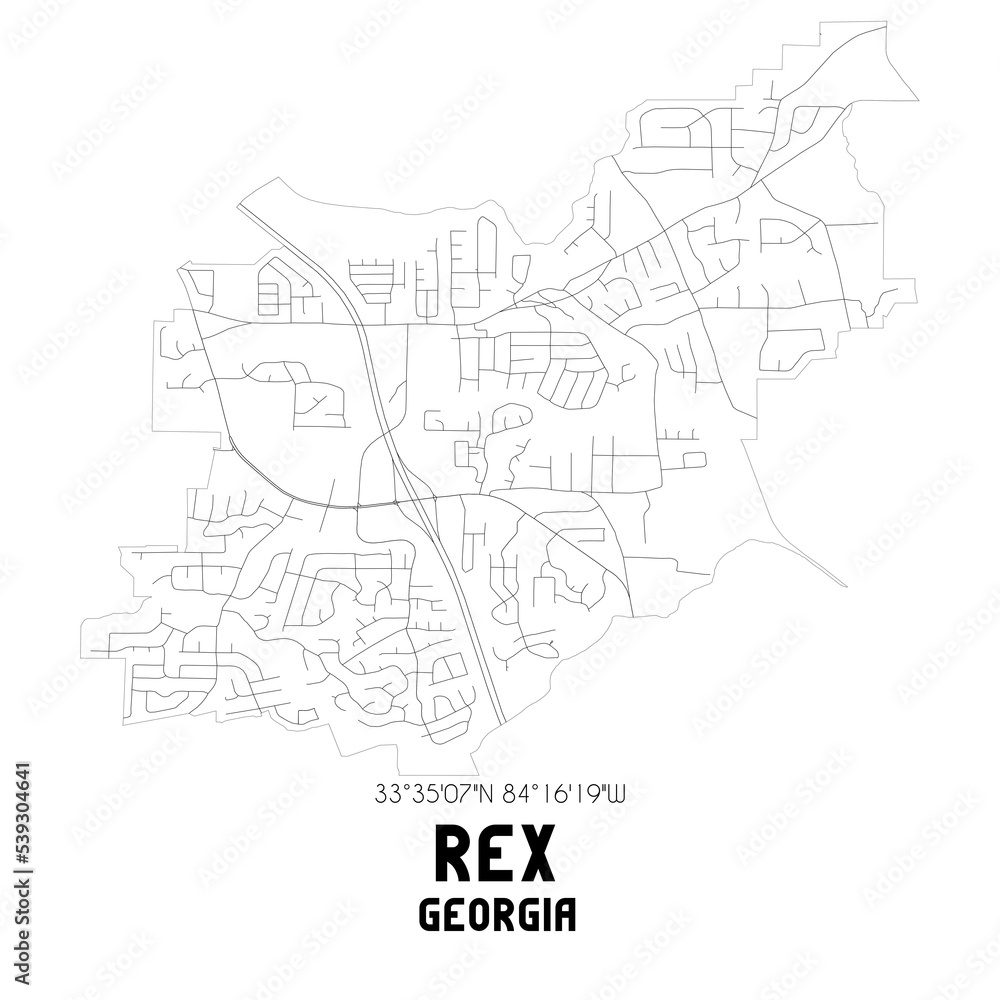 Rex Georgia. US street map with black and white lines.