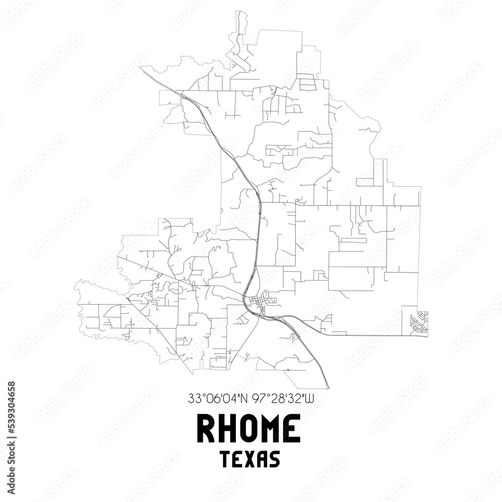 Rhome Texas. US street map with black and white lines.