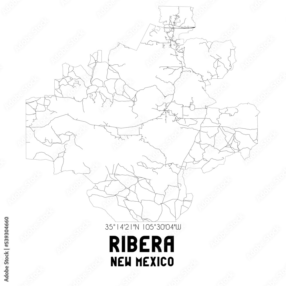 Ribera New Mexico. US street map with black and white lines.