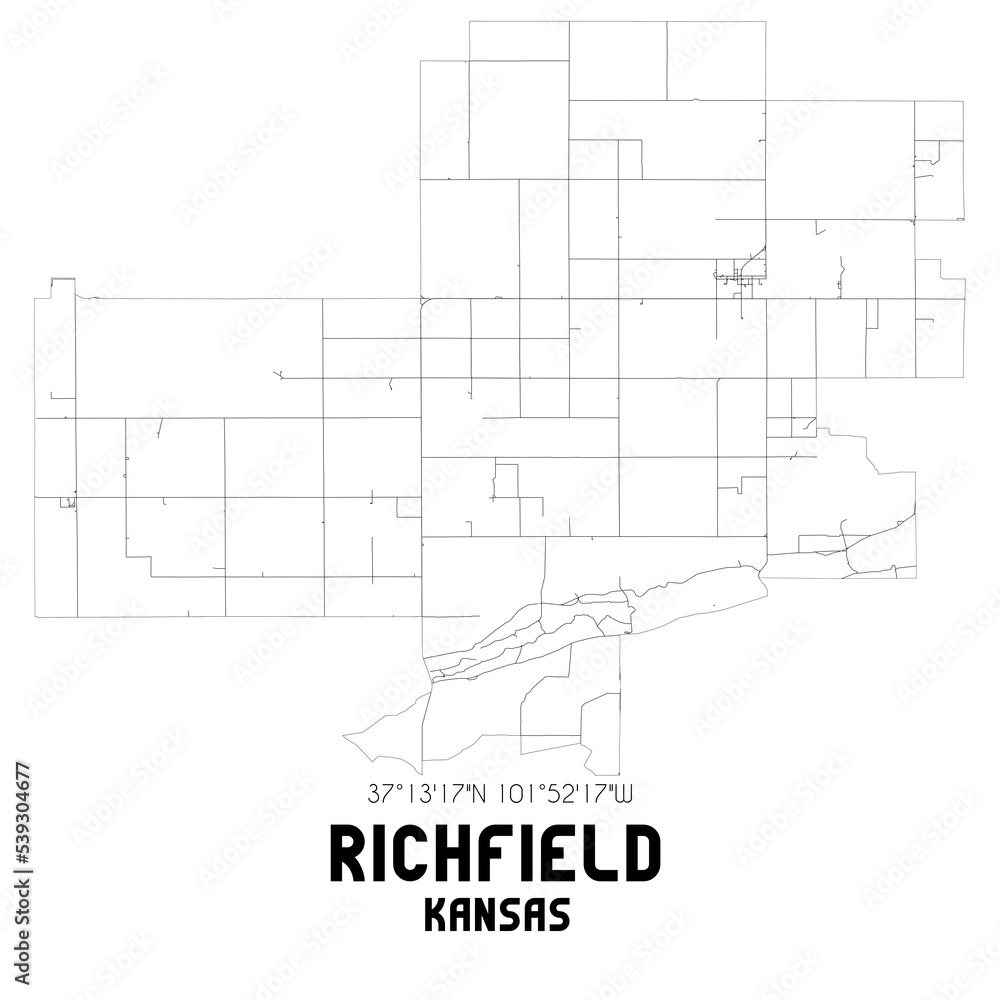 Richfield Kansas. US street map with black and white lines.