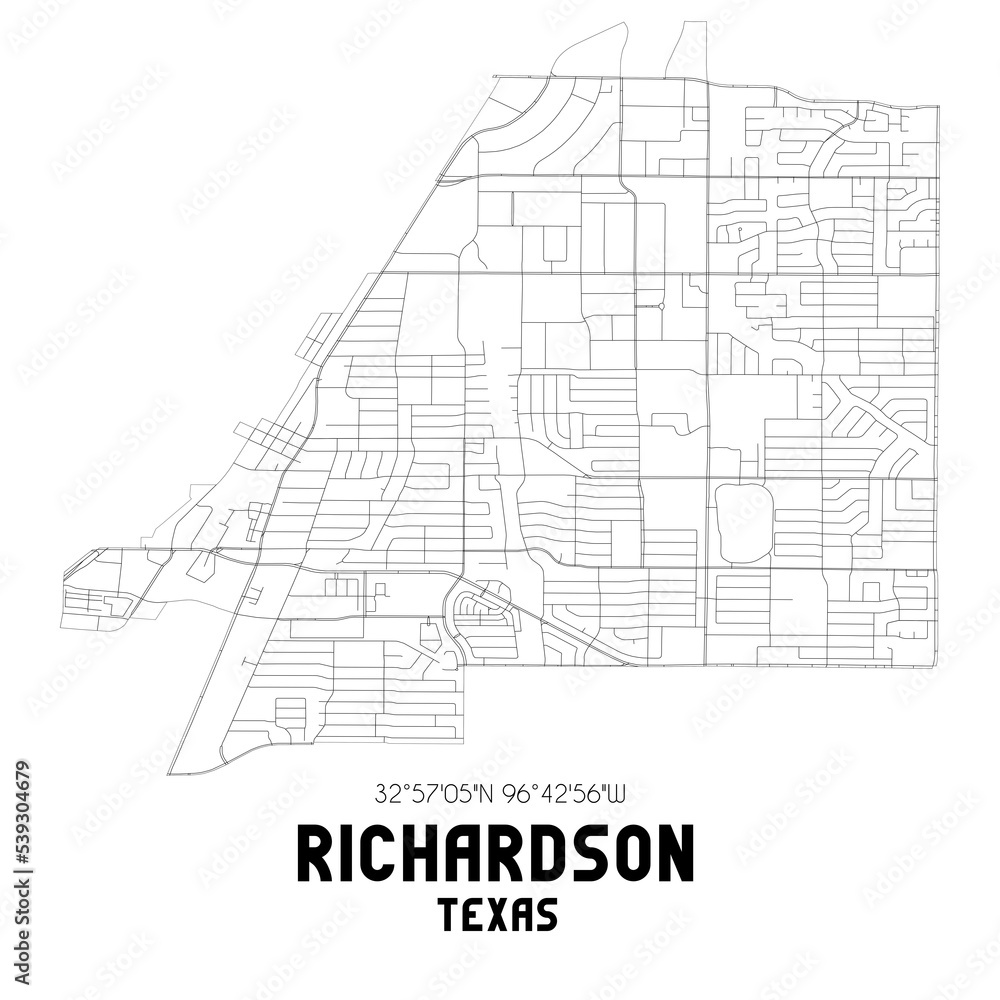 Richardson Texas. US street map with black and white lines.