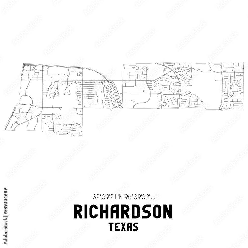 Richardson Texas. US street map with black and white lines.