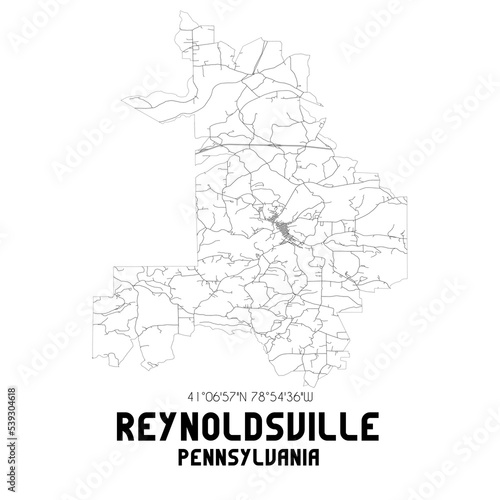 Reynoldsville Pennsylvania. US street map with black and white lines.
