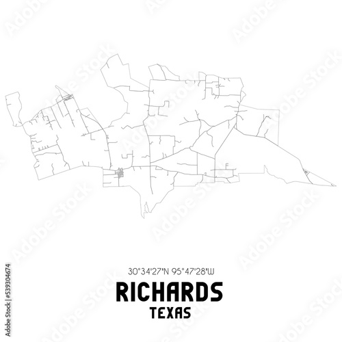 Richards Texas. US street map with black and white lines.