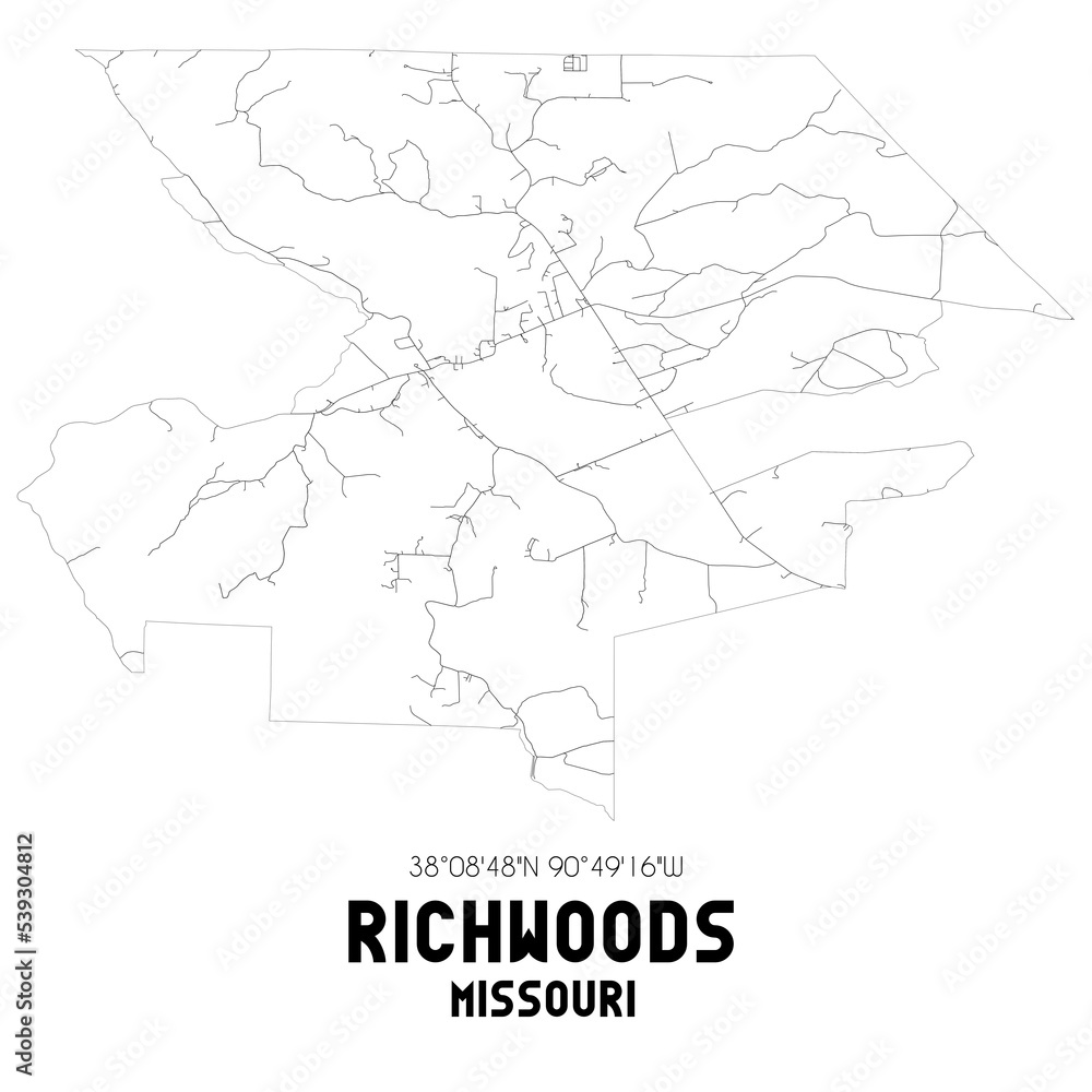 Richwoods Missouri. US street map with black and white lines.