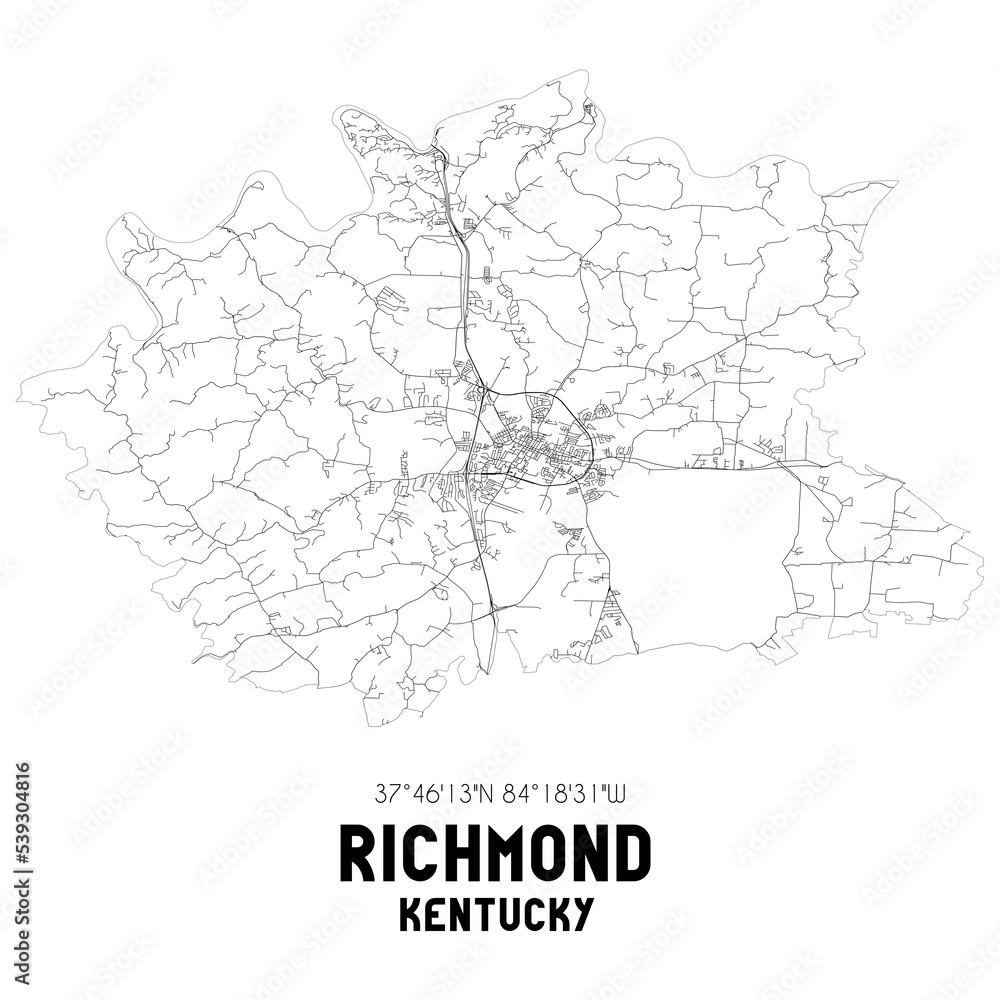 Richmond Kentucky. US street map with black and white lines.
