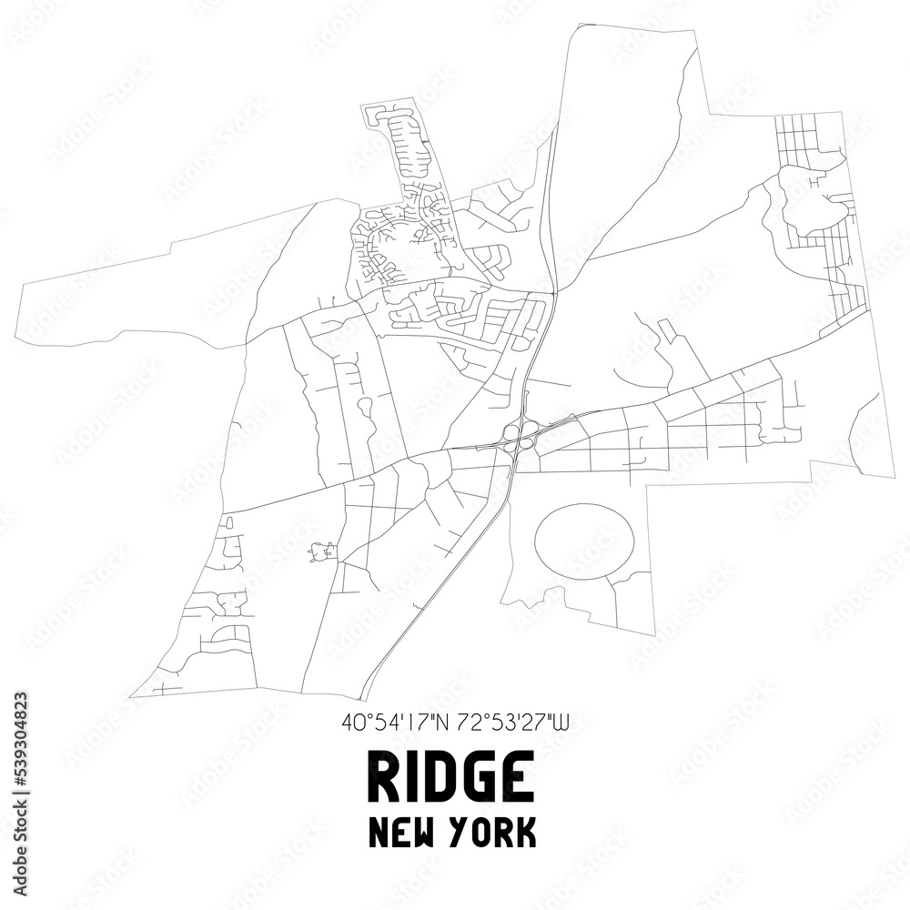 Ridge New York. US street map with black and white lines.