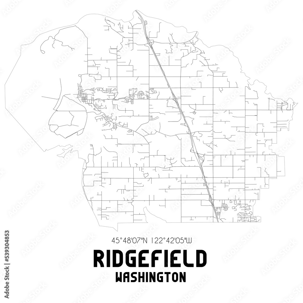 Ridgefield Washington. US street map with black and white lines.