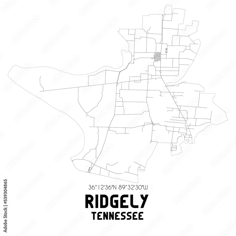 Ridgely Tennessee. US street map with black and white lines.