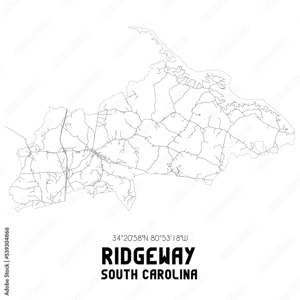 Ridgeway South Carolina. US street map with black and white lines.