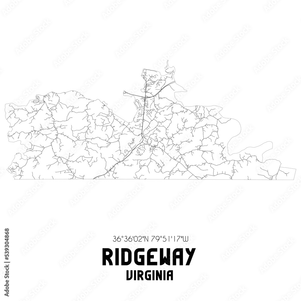 Ridgeway Virginia. US street map with black and white lines.