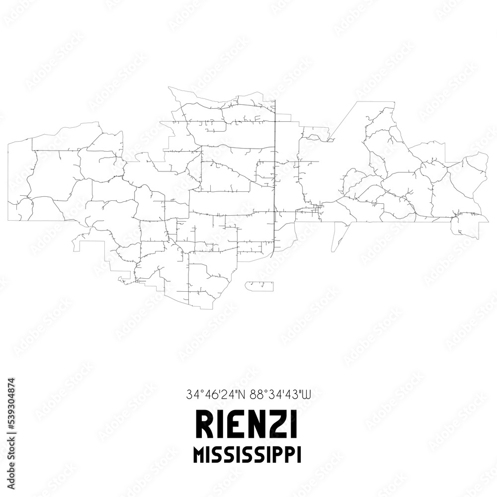 Rienzi Mississippi. US street map with black and white lines.