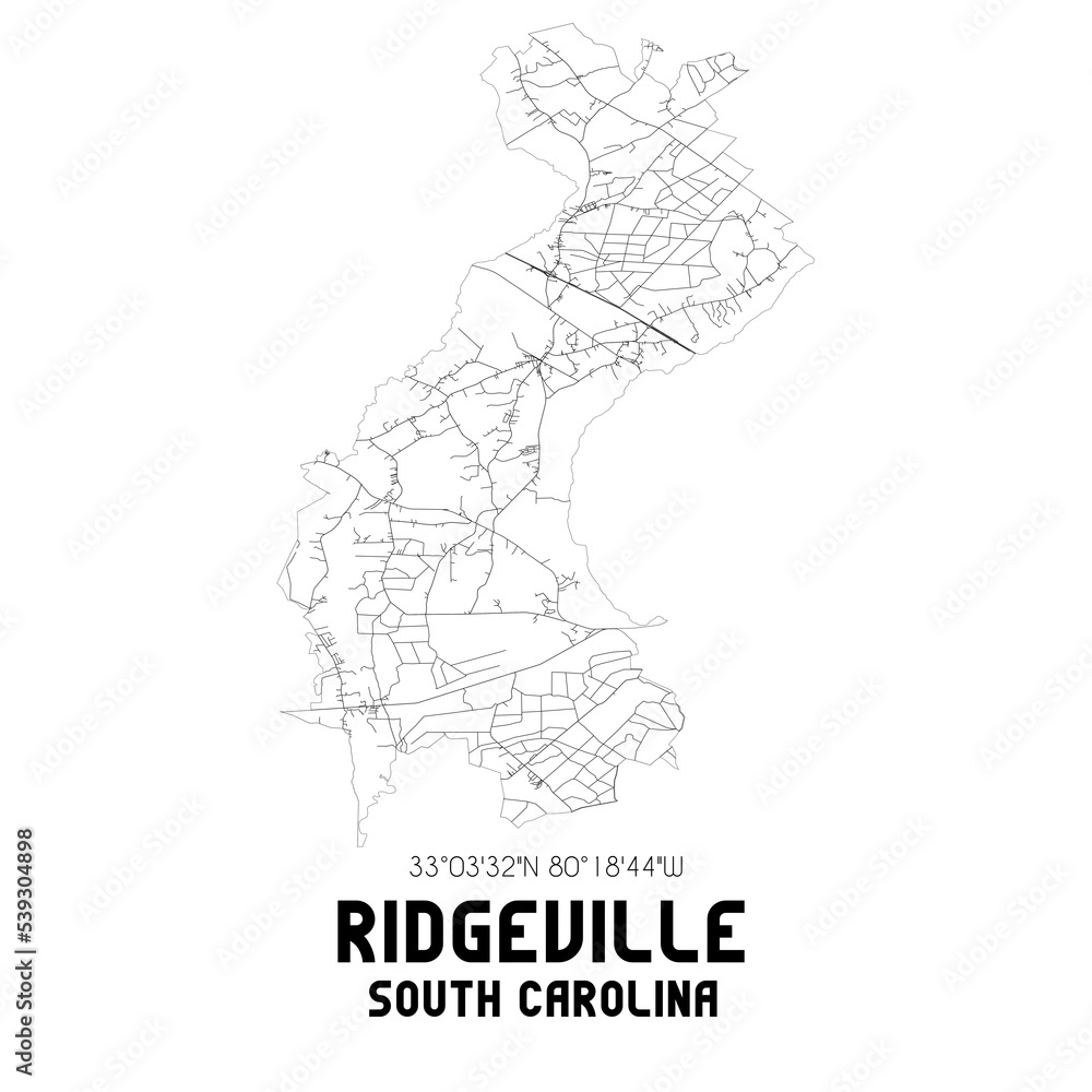 Ridgeville South Carolina. US street map with black and white lines.
