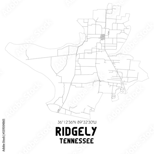 Ridgely Tennessee. US street map with black and white lines.