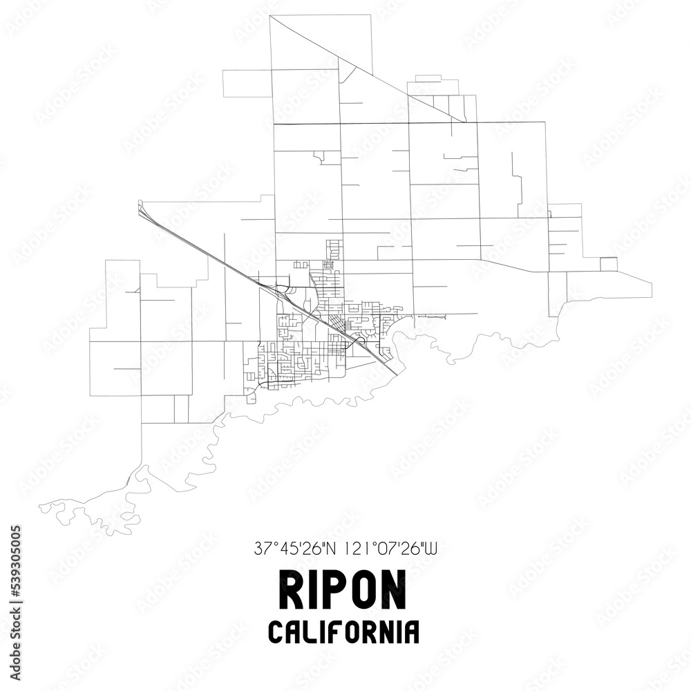 Ripon California. US street map with black and white lines.