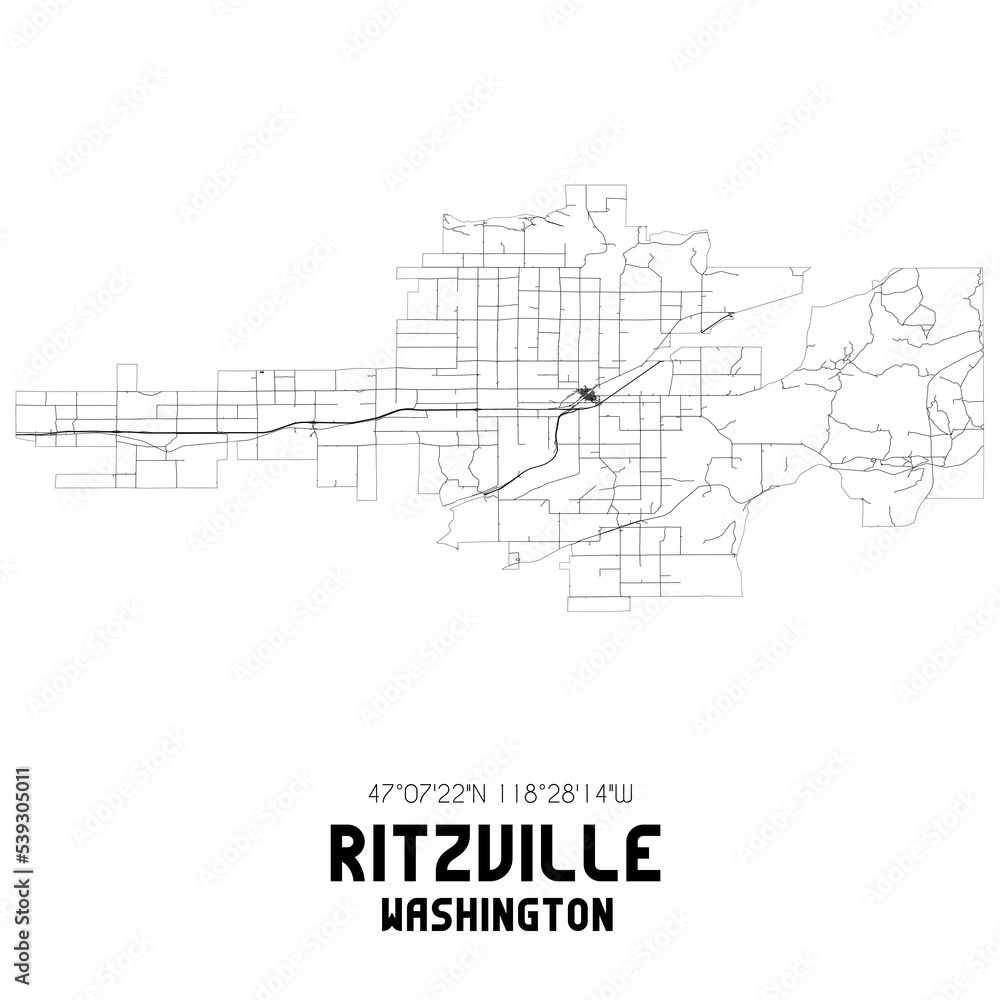 Ritzville Washington. US street map with black and white lines.