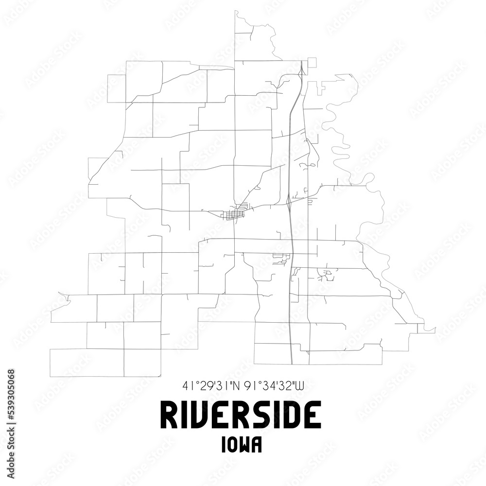 Riverside Iowa. US street map with black and white lines.