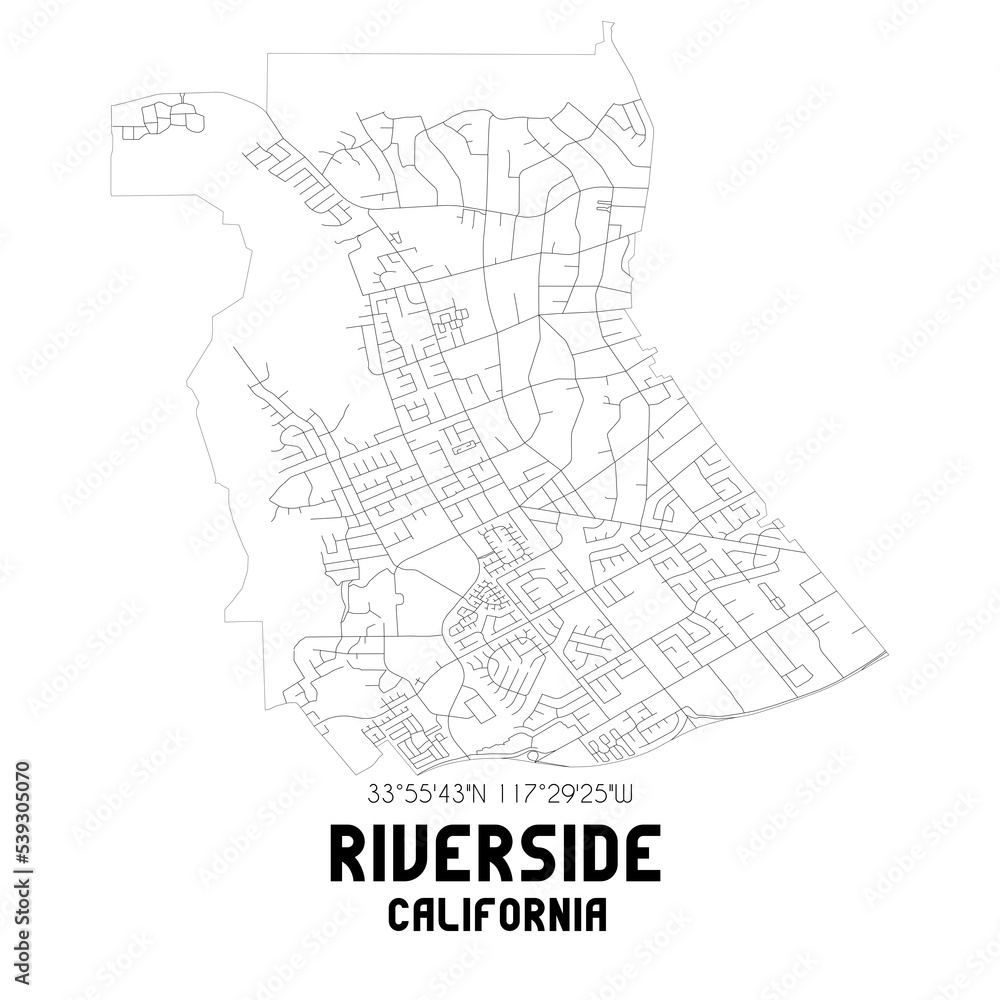 Riverside California. US street map with black and white lines.